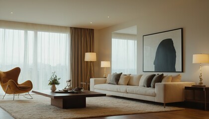 Beautiful and large living room interior with hardwood floors, fluffy rug and designer furniture. 