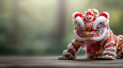 Dramatic Chinese Lion Dance Performer in Vibrant Red and Gold Costume Celebrating Traditional Festival on Festive Stage with Colorful and Ornaments