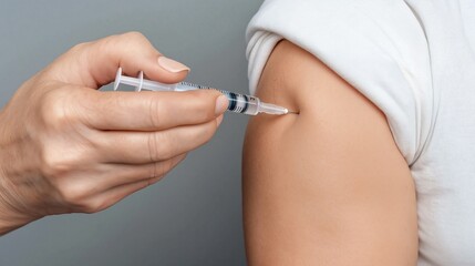 A close-up image of a hand administering a vaccination by injecting a syringe into the arm. This image illustrates the importance of vaccinations in promoting health and wellness.