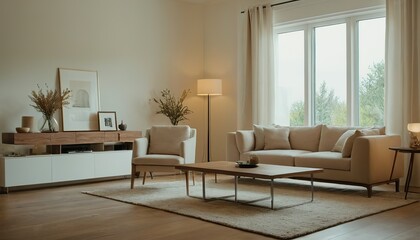 Beautiful and large living room interior with hardwood floors, fluffy rug and designer furniture. 