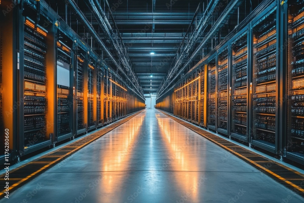 Poster rows of illuminated server racks fill a modern data center. illustrates powerful computing, data sto
