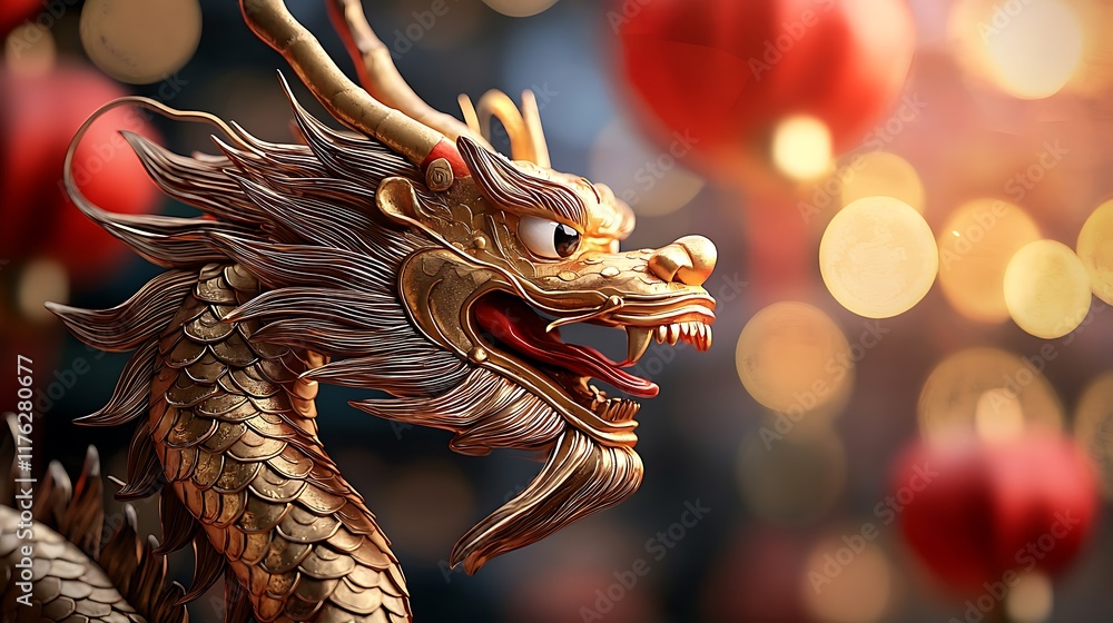 Poster enchanting golden dragon winding its way through a dazzling display of glowing red lanterns creating