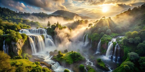 Misty Waterfall Drone Shot: Aerial View of Cascading Water in Foggy Landscape