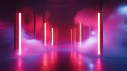 Neon Lights Illuminate Foggy Corridor With Pillars