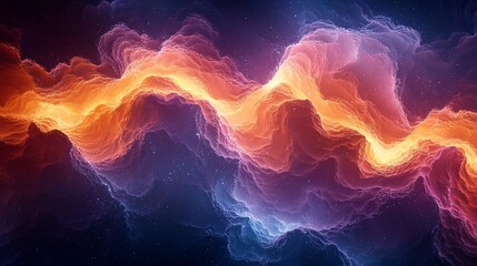 Fototapeta premium Abstract cosmic landscape with vibrant, swirling nebulae in orange, purple, and blue hues.