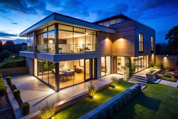Fototapeta premium Modern Glass Contemporary Home Exterior Night Photography - Clean Lines & Warm Lighting