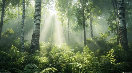 Obraz premium Sunbeams in a Misty Birch Forest