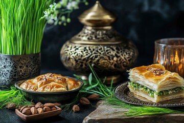 Novruz setting table decoration, wheat grass, baklava pastry and nuts on dark background. Nowruz arabic holiday, new year spring celebration, copy space. 