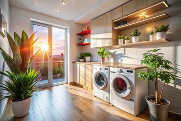 Modern Luxury Laundry Room Sunlight Plants Interior Design Stock Photo