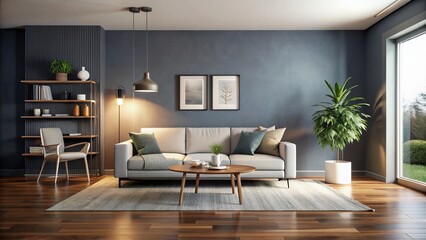 Modern Minimalist Living Room, Dark Gray & Off-White, Empty Wall, Tilt-Shift Photography