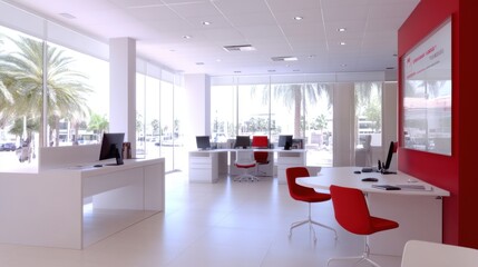 Modern office space with red accents and large windows.