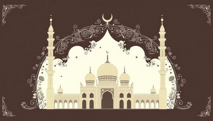 Ornamental mosque silhouette with intricate borders and floral embellishments.