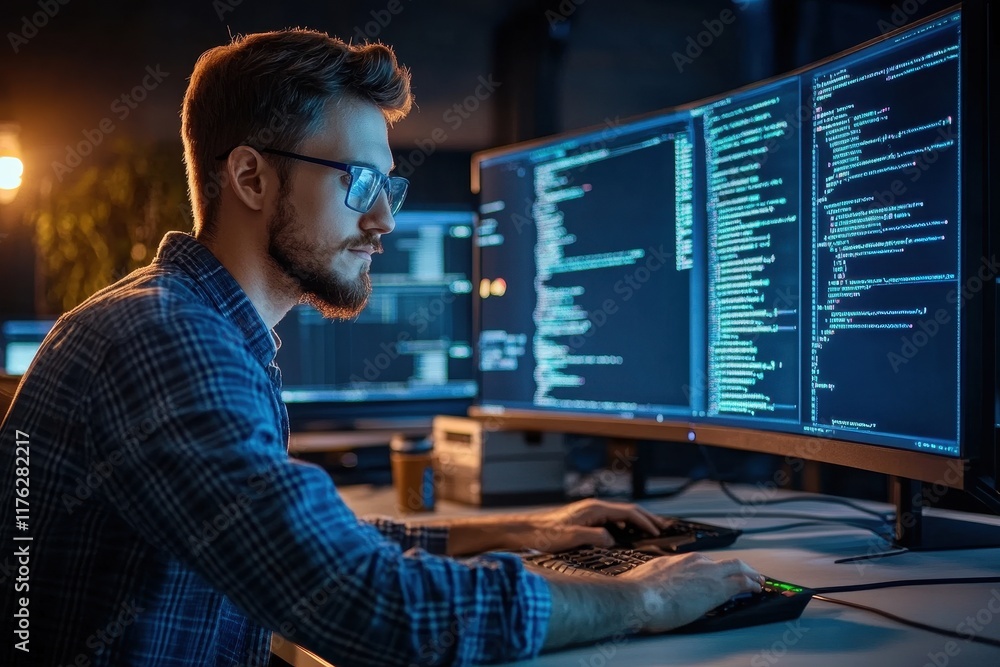 Poster focused programmer working late, coding on large monitors. illustrates dedication, late-night work, 