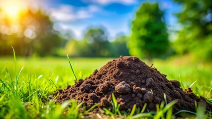 Fototapeta premium Molehill in Lush Green Grass, Nature Close-Up, Wildlife Evidence, Spring Meadow