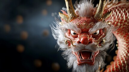Glowing and Ornately Decorated Traditional Chinese Dragon Head with Vibrant Red and Gold Accents Showcasing the Mythical Creature s Legendary and Auspicious Symbolism in Asian Culture and Ceremony