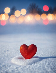 Fototapeta premium February 14 postcard, red heart on the snow among blurry lights, space for text