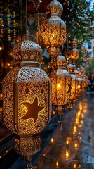 Illuminated Moroccan lanterns hanging outdoors at night. (1)