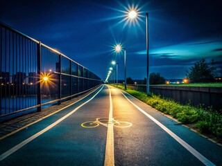 Night Bicycle Path, Minimalist Cycling Scene, Dark Road, Bike Lane, Urban Cycling
