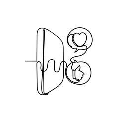 continuous line drawing mobile phone with like and love sign illustration