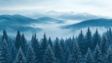Serene mountain landscape with misty valleys and dense evergreen forests.