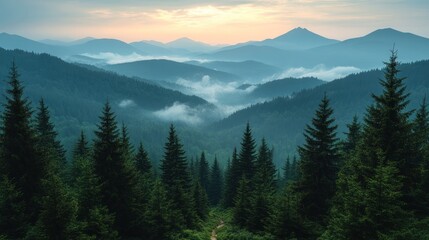 Obraz premium Serene mountain landscape with misty valleys and towering trees at sunrise.