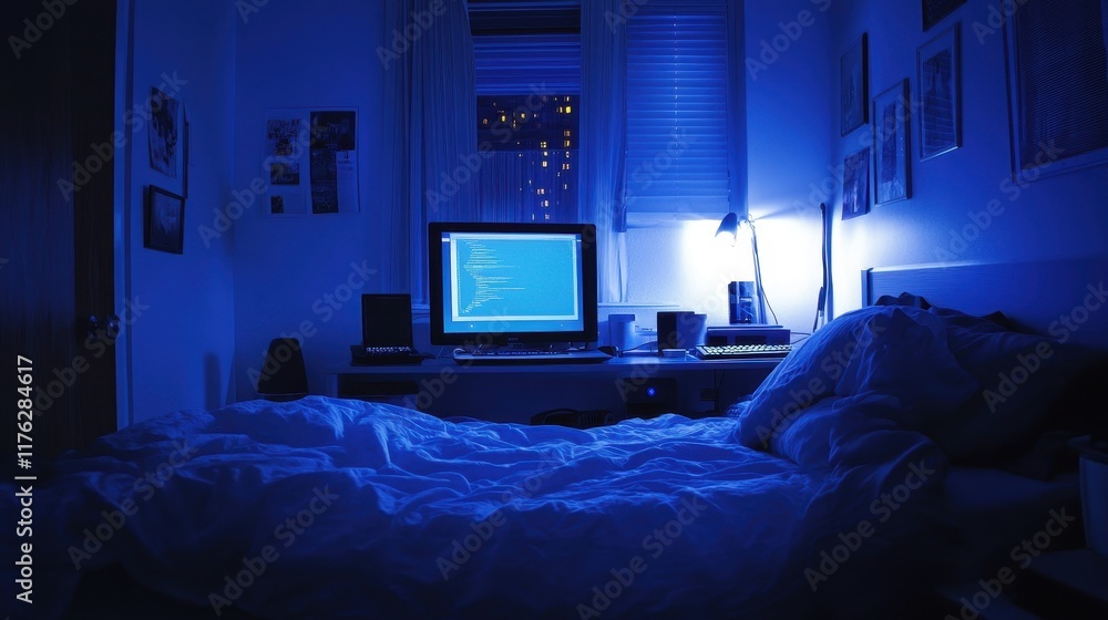 Poster blue-lit bedroom with computer, showing coding on screen. illustrates late-night work, coding, or on