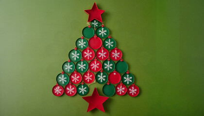 Christmas theme featuring a tree cutout filled with red and green ornaments, snowflakes, and stars on a green backdrop, symbolizing holiday creativity and joy