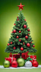 Christmas theme featuring a tree cutout filled with red and green ornaments, snowflakes, and stars on a green backdrop, symbolizing holiday creativity and joy