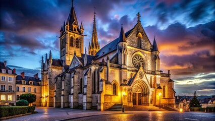 Fototapeta premium Night Photography: Église Saint Martin de Pau, Illuminated Facade, Gothic Architecture, France