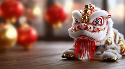 Glowing Traditional Chinese Lion Dance Mask with Vibrant Golden Tassels Celebrating Cultural Heritage and Festivities