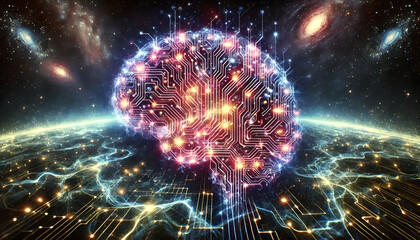 Fototapeta premium A brain made from glowing electronic circuits Floating above the earth covered by a network of energy. In the vastness of space, where galaxies and light shine, Generative AI