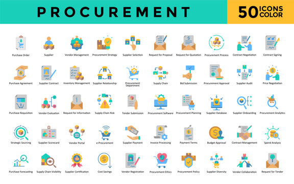 Procurement icons set with purchase order, supplier, vendor management, procurement strategy, supplier selection, request for proposal, request for quotation icon. Simple flat color vector 
