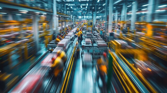 Automated factory floor with conveyor belts and rapid inventory movement depicting the efficiency and speed of modern industrial production and logistics