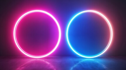 Two vibrant neon circles illuminate a dark room