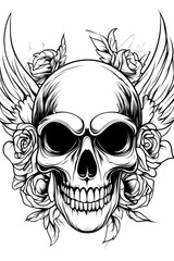 A skull with wings and roses surrounding it