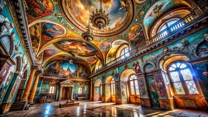 Obraz premium Opulent Decay: Surreal Mural in a Grand Ruined Palace Interior - Stock Photo