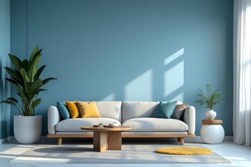 Stylish interior of living room with soft sofa and coffee table on pantone blue background with copy space