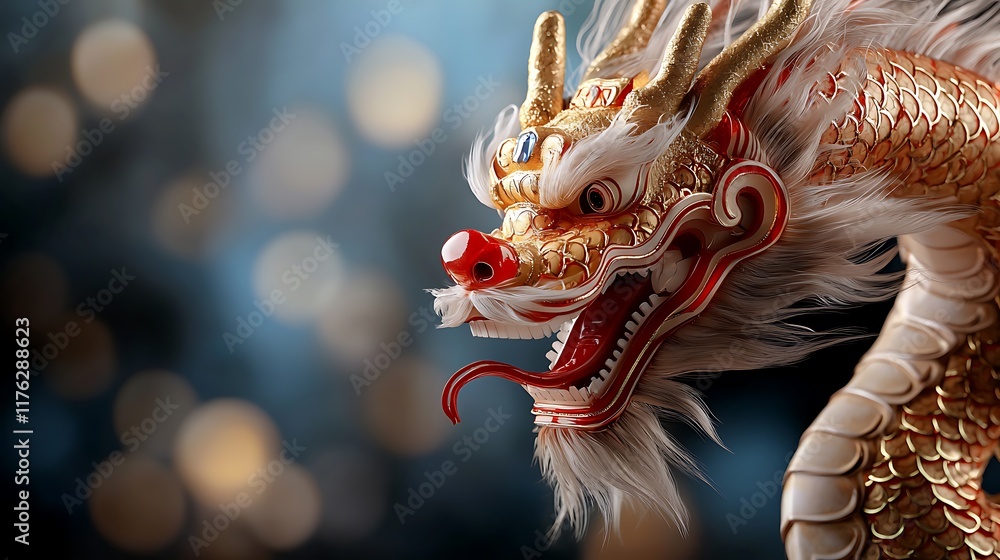 Poster magnificent golden dragon head with intricate red designs and illumination creating a powerful and m