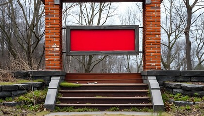 Nature's Embrace: Overgrown Wooden Steps Leading to a Faded Red Signboard