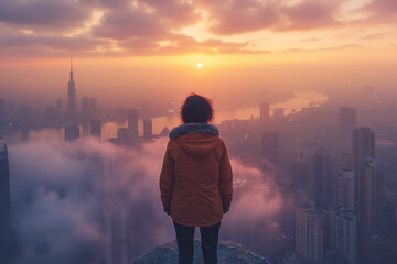 Fototapeta premium Woman gazing at stunning cityscape sunrise from rooftop amid clouds
