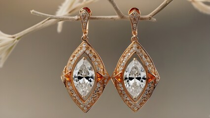 
earrings feature a sleek and elegant design, perfect for any occasion, with a close-up view that captures intricate details of sparkling diamonds, reflecting warm hues of a sunset, making them a stun