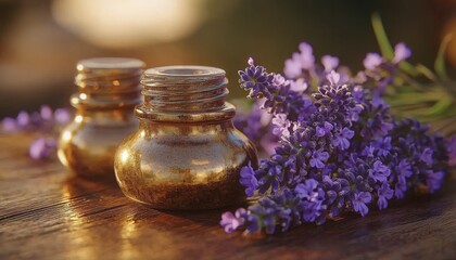 Two glass jars beside fresh lavender flowers on a wooden surface, evoking a serene and natural atmosphere.