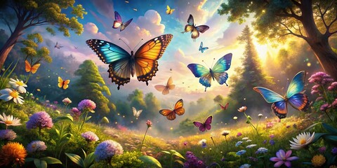Panoramic Magical Butterfly Garden: Whimsical Fantasy Landscape