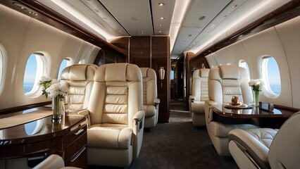 
 

 

From a wide-angle view on a sunny summer day, luxury interior of aircraft exudes opulence and sophistication, with plush leather seats, state-of-the-art entertainment systems, and elegant decor