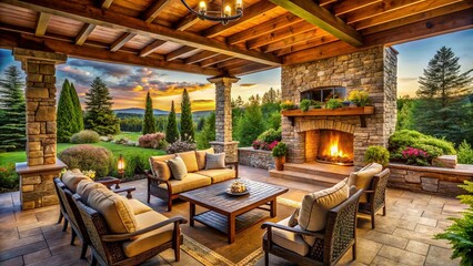 Naklejka premium Panoramic Outdoor Living Space: Stone Fireplace, Wooden Furniture, Pergola