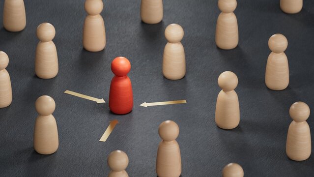 3D illustration of pawns with three arrows pointing one of them. Best job applicant concept.3D rendering on black background.