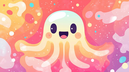 Whimsical Kawaii Octopus in a Dreamy Colorful Universe - Cute Cartoon Illustration