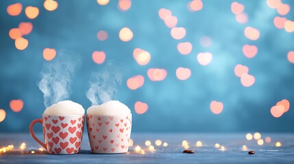 Valentine's day love cozy hot chocolate cups soft bokeh background romantic mood