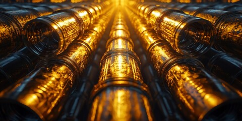 Fototapeta premium Glowing gold cylinders arranged in parallel rows, converging towards a bright light source in the distance.