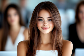 A woman with long brown hair is smiling at the camera